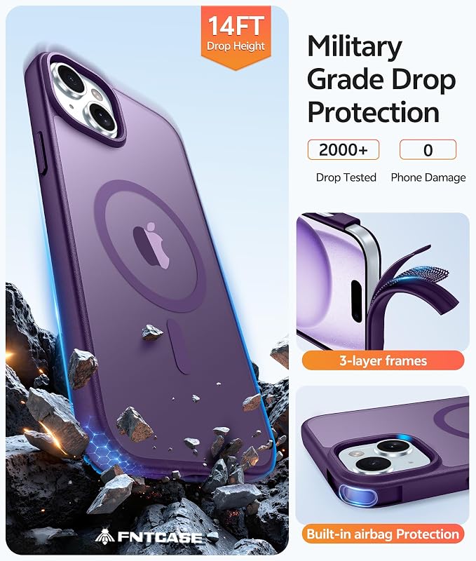 FNTCASE for iPhone 15/14/13 Case, Fit for Magsafe, Glass Screen Protector | Translucent Matte, Magnetic Phone Cases, 14FT Military Grade Drop Protection, Slim Shockproof Protective Cover, Purple - Image 5