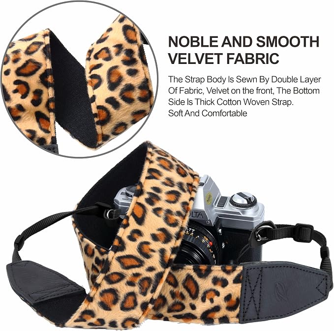 Padwa Lifestyle Leopard Velvet Camera Strap - 2" Double Layer Full Grain Cowhide Leather Head Camera Straps for Photographers,Unique Soft Velvet Fabric with Quick Release fits all Cameras - Image 4