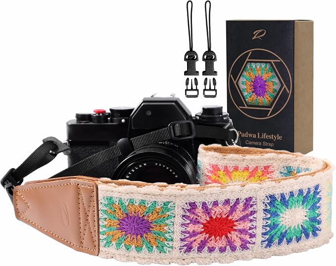 Padwa Lifestyle White Crochet Camera Strap - 2" Full Grain Leather Ends Camera Straps for Photographers, Vintage Embroidered Cotton Soft Suede Fabric Padded Strap with Quick Release fits All Cameras by PadwaLifestyleCameraStrap