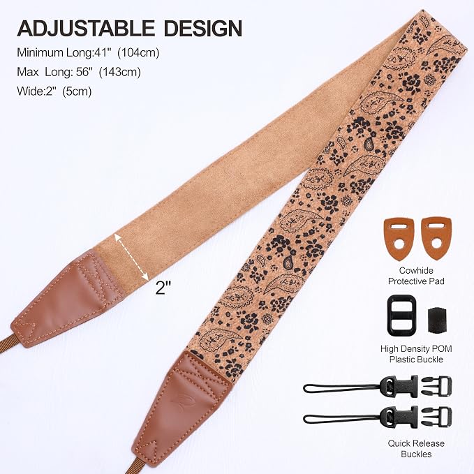 Padwa Lifestyle Cork Camera Strap - 2" Top Layer Cowhide Head Camera Straps for Photographers,Natural Log Crackle Art Print Style,Soft Chamois Velvet Padded Strap Quick Release fits All Cameras - Image 7