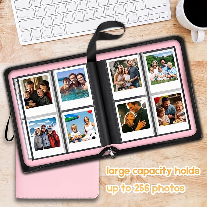 Veicevol 256-Pocket Album for Polaroid i-Type, 600 & SX-70 Photos, Pink | Designed for Fujifilm Instax Wide Photos, Water-Resistant PU Leather Cover, Zipper Closure, Securely Holds Up to 256 Photos - Image 6