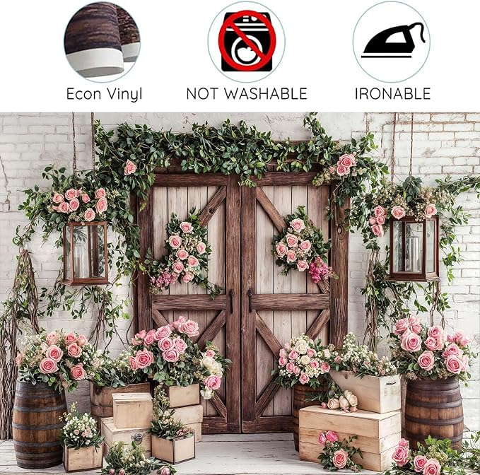 15x10ft Country Wedding Photography Backdrop Floral Rustic Roses Farmhouse Wooden Door Backdrop Pink Flower Birthday Baby Shower Wedding Bridal Party Banner Photo Booth Props Anniversary Background - Image 6