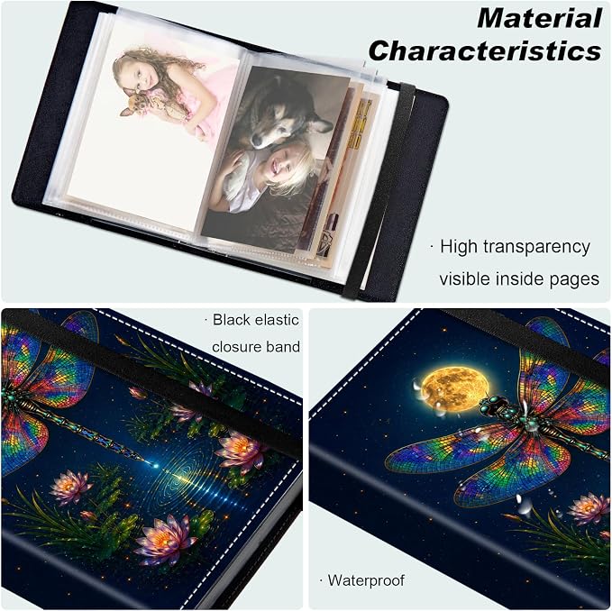 DEGDFSGR 4x6 Small Photo Album, 60 Pockets Holds 120 Photos | Slip-in pockets, black elastic band, portable for family, wedding, baby, travel photos, Lotus Ponds Tarry Skydragonfly - Image 5