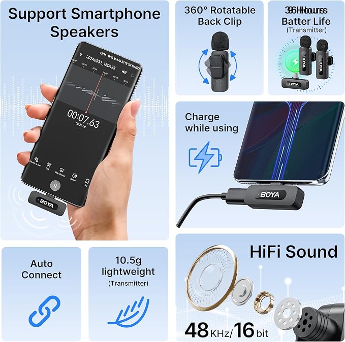 BOYA BY-V20 Wireless Microphones for iPhone 17/16/15 & Android/Laptop | Noise Cancellation, 328ft Range, 9H Battery Life, Mini Mic Clip on Lapel Microphone Wireless for Video Recroding - Image 4