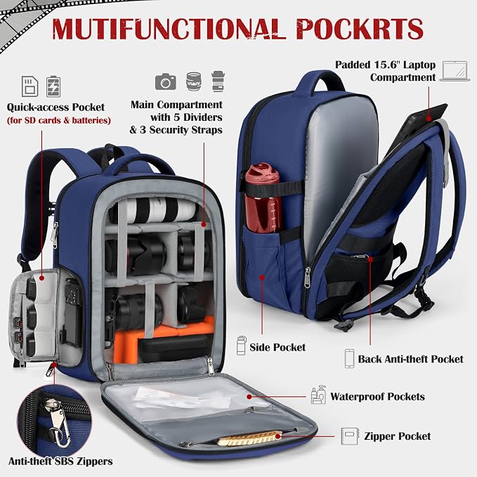 SDYSM Camera Backpack, Large Camera Bag for Photographers Professional DSLR/SLR Mirrorless Camera Case Compatible for Sony Canon Nikon, Blue - Image 2