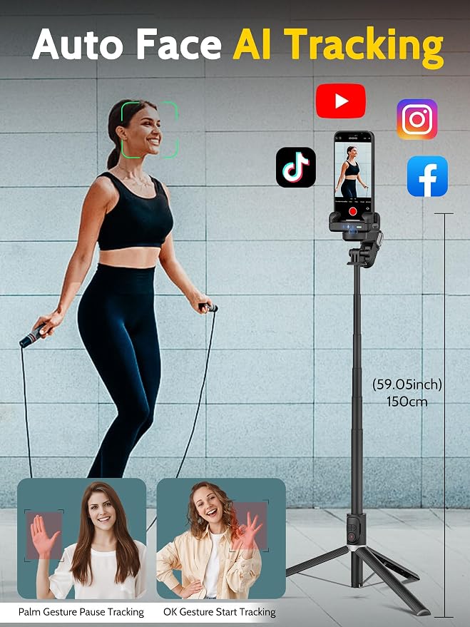 AOCHUAN 59'' Face Tracking Tripod, Phone Gimbal with RGB Light(M2PRO Black) | Selfie Stick for iPhone, Phone Tripod with Light, Content Creator Essentials for Video Recording, Tiktok, and Live Streaming - Image 3