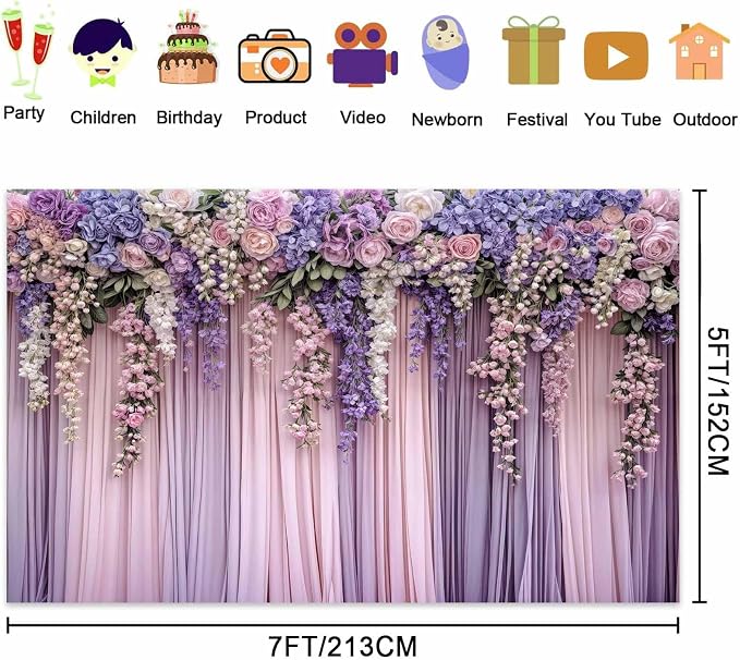 10x10ft Purple Flower Wedding Photography Backdrop Lavender Floral Wedding Bridal Photography Backdrop Anniversary Birthday Baby Shower Girl Party Banner Photo Booth Props Background Wall Decor - Image 6
