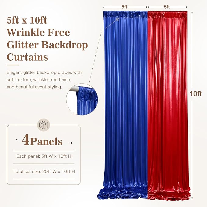 20ft x 10ft Red Royal Blue Sequin Backdrop Curtain for Parties, Wrinkle Free Glitter Photo Backdrop Drapes 4 Panels 5x10ft Back Drop Cloth for Wedding Photography Background - Image 4