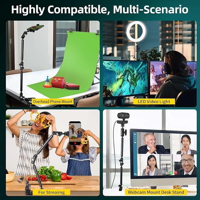 22" Magic Arm Clamp, Overhead Phone Mount Holder Stand, Flexible Desk Camera Mount, Articulating Friction Boom Arm with 1/4" 3/8" Threads for Phone, DSLR, Action Camera,Filming, Light, Webcam, Mic - Image 8