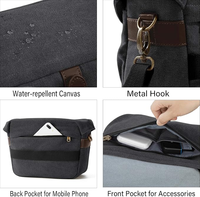 BAGSMART Canvas Crossbody Camera Bag with Rain Cover for Women Men, Black | SLR DSLR Camera Case, Compact Camera Shoulder Bag - Image 5