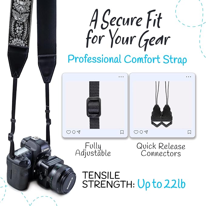 Art Tribute Camera Strap - Shoulder, Crossbody & Neck Camera Strap for Photographers, Fits All Cameras, Canon Nikon Sony Fujifilm, Padded Strap W/Quick Release, Embroidered Cotton & Leather Ends - Image 4