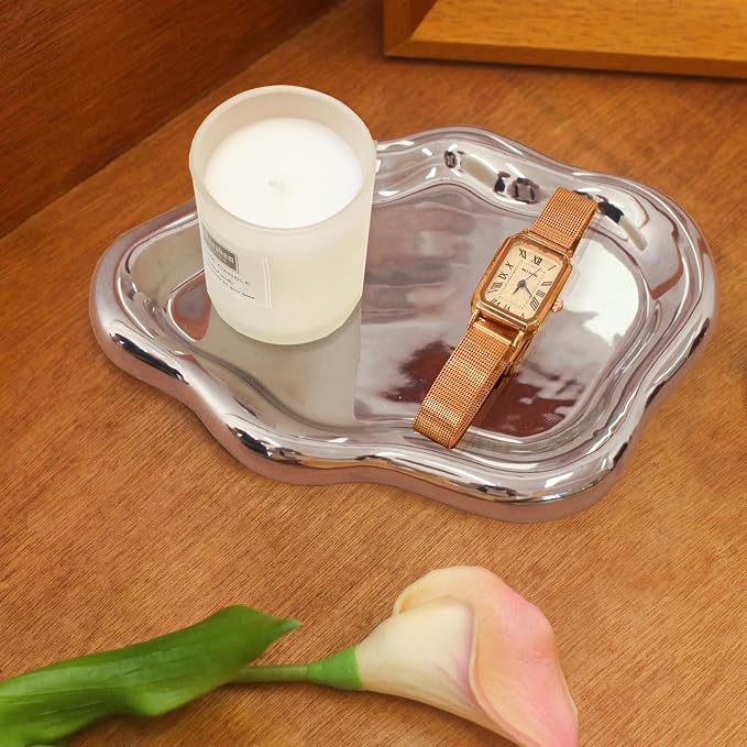 CCINPPY Ceramic Cloud Jewelry Tray Trinket Dish Key Bowl Nightstand Decor | Decorative Small Desk Tray Jewelry Plate Key Holder Bowl Cute Bedroom Room Decor Aesthetic, Gift for Women, Silver Medium by CCINPPYJEWELRYACCESSORIES