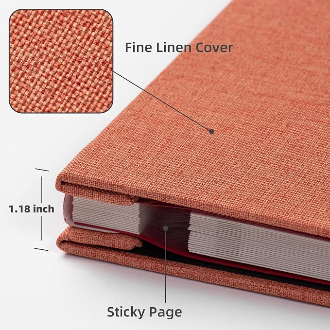HoneyTolly Large Photo Album Self Adhesive, DIY Scrapbook Album for 4x6 8x10 10x12 Pictures, 60 Pages Linen Cover Memory Book, Ideal Gift for Family Wedding Baby Christmas Anniversary(Orange) - Image 3