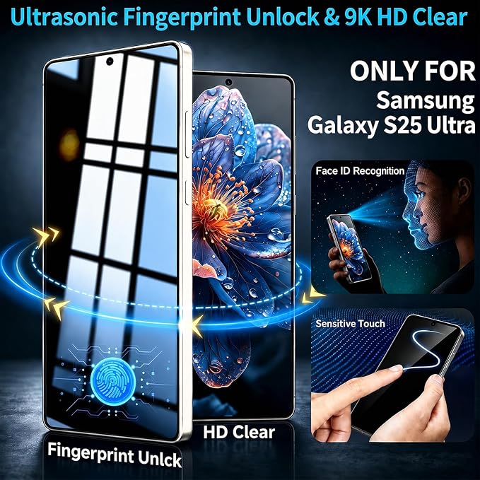 2+2 Pack for S25 Ultra Privacy Screen Protector | Ultrasonic Fingerprint Unlocking, Easy installation, Anti Spy, 9H Hardness Glass, Camera Lens Protector - Image 3
