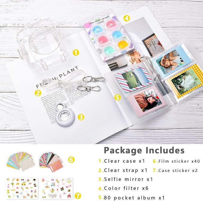 Rieibi Accessories for Fujifilm Instax 12, Gift Bundle Includes Clear Case with Strap, Mini Photo Album, Selfie Mirror, DIY Stickers, Color Filter (No Camera) - White - Image 7