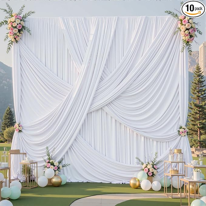 50x12 ft White Backdrop Curtains for Weddings Parties, Birthdays and Photos | 10 Panels 5x12 ft, Wrinkle-Free Polyester Drapes, Washable, Ironable, 4 in Rod Pocket for Baby Showers Photography Background by PartyVillage
