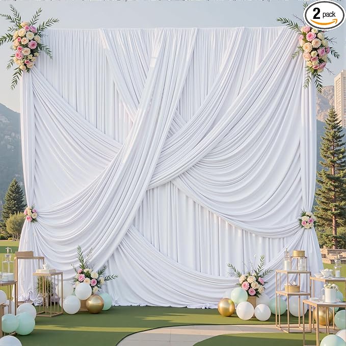 10x12 ft White Backdrop Curtains for Weddings Parties, Birthdays and Photos | 2 Panels 5x12 ft, Wrinkle-Free Polyester Drapes, Washable, Ironable, 4 in Rod Pocket for Baby Showers Photography Background by PartyVillage