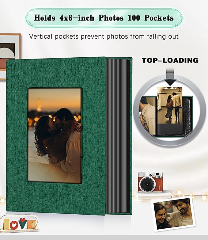 Ejblfe Photo Album 4x6,Linen Cover Slide-in Photo Album Book Can Holds 100 4x6 Photos with 50 Black Sheets for Family,Wedding,Baby and Holiday Pictures (Dark Green) - Image 3