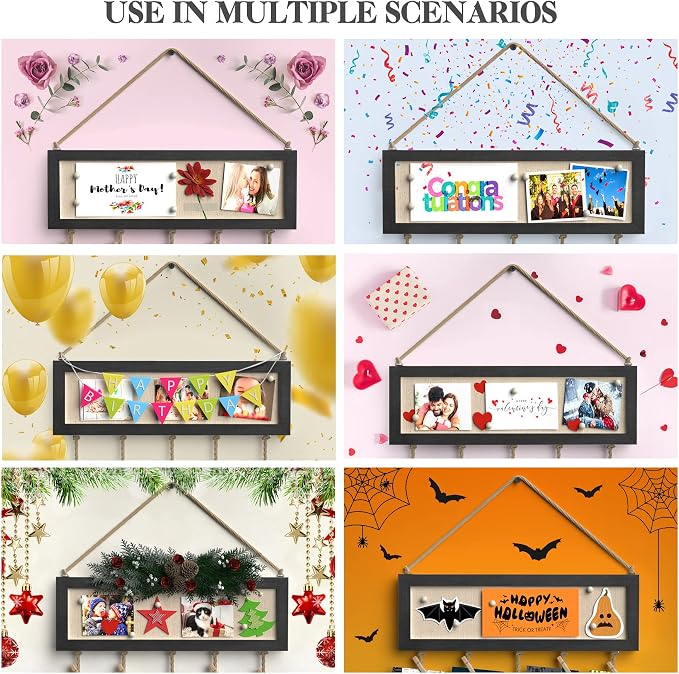 Bikoney Picture Frames Collage Wall Decor Hanging Photo Display Multi Pictures Organizer with Wood Bulletin Board Photo Board 30 Clips and 6 Pushpins for Home and Dorm Room Decor (Black) (Pack of 3) - Image 2