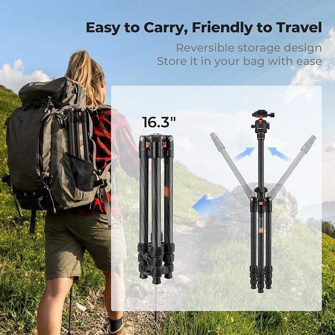 K&F CONCEPT 64" Carbon Fiber Camera Tripod with 1.4" Metal Ball Head | Lightweight Travel Tripod, Max Load 17.6lbs, Quick Release Plate, For DSLR Camera Indoor Outdoor, O254C2+BH-36 - Image 3