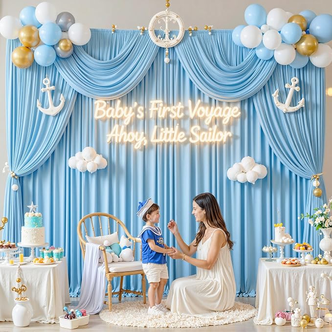 50 ft x 10 ft Wrinkle Free Blue Backdrop Curtain Panels, Polyester Photography Backdrop Drapes, Wedding Party Home Decoration Supplies - Image 8