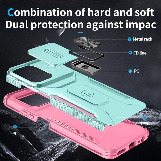 for Moto G 5G 2025 Case,with Sliding Camera Lens Cover,HD Screen Protector,360° Rotating Ring Kickstand,AYMECL Military-Grade Shockproof Protective Cover for Motorola Moto G 5G 2025,Mint+Pink - Image 3