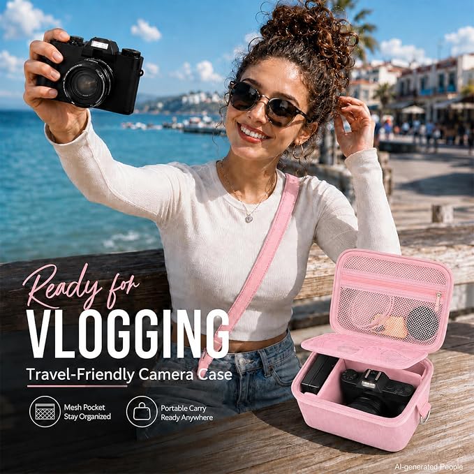 Comecase Large Travel 4K Vlogging Camera Case for Duluvulu/for AUREAPIX | Outdoor Camera Holder with 2 Dividers and Mesh Pocket, for Vloggers and Content Creators, Trip Ready, Full Pink - Case Only - Image 7