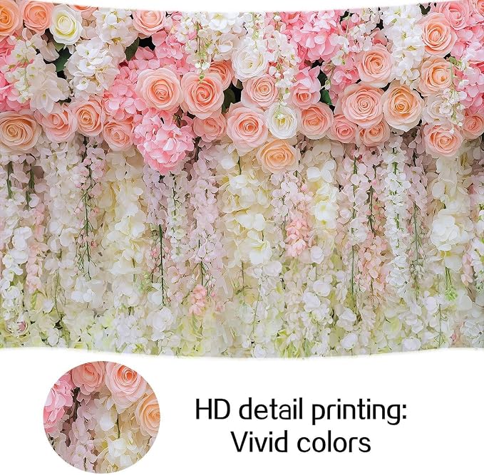 5x4ft Pink Rose Flower Wedding Photography Backdrop Spring Floral Photography Backdrop Valentine's Day Mother's Day Girl Birthday Baby Shower Wedding Bridal Party Banner Photo Booth Props Background - Image 8