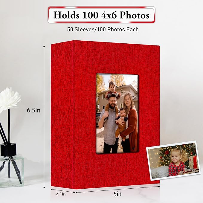 Small Photo Album 4x6,Linen Cover Slide-in Mini Photo Album Book Can Holds 100 4x6 Photos with 50 Black Sheets for Baby Family Pictures Artwork or Postcards Storage (Red) - Image 3