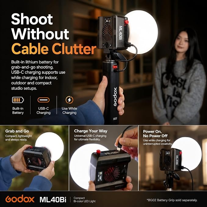 Godox ML40Bi Bi-Color LED Video Light, Portable COB Photography Light with Built-in Battery, 2800K-6500K, 28,000 Lux with ML-L10 Reflector, CRI/TLCI 96, 11 FX Effects, USB-C Charging, App/NFC Control - Image 6