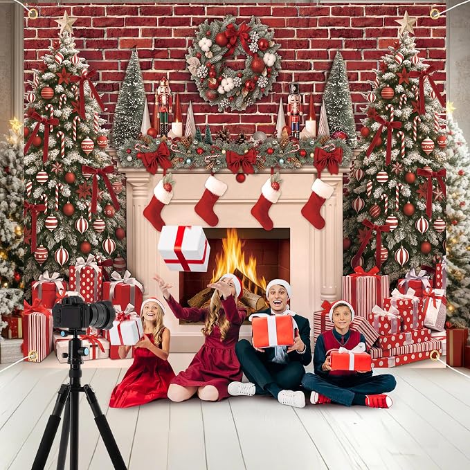 Peryiter Christmas Backdrop for Photography Xmas Tree Stocking Candy Gift Polyester Background Decoration Party Backdrop for Home Decoration Photo Studio Props(10x8 ft,Fireplace) - Image 4