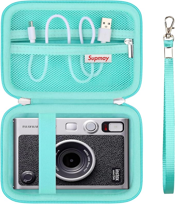 Carrying Case Compatible with Fujifilm Instax Mini EVO Instant Camera, INSTAX MINI EVO Camera Storage Holder Travel Bag with Mesh Pocket for Photos, USB Cables, Film, Green by Supmay