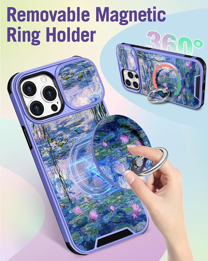 Buleens for iPhone 14 Pro Max Case 6.7 Inch - with Ring Stand & Camera Cover Aesthetic Cute Designed Women Girls Girly Kawaii Blue Water Lily Phone Case for iPhone 14 Pro Max Compatible with Magsafe - Image 3