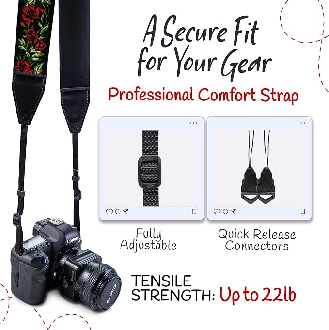 Camera Strap - Shoulder, Crossbody & Neck Camera Strap for Photographers, Fits All Cameras, Canon Nikon Sony Fujifilm, Padded Strap W/ Quick Release, Embroidered Cotton & Leather Ends, Red Roses - Image 4