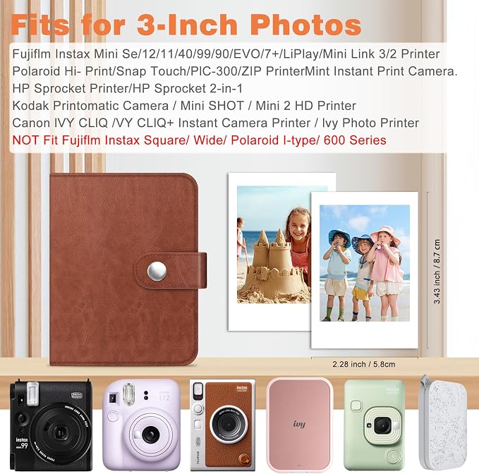 Fintie Mini Photos Album Book for 2x3 Inch Films - 52 Pockets Small Albums | For Fujifilm Instax Mini, Polaroid Hi-Print Pictures, Portable Kpop Photocard Holder, Travel Memory Book, Vintage Brown - Image 2