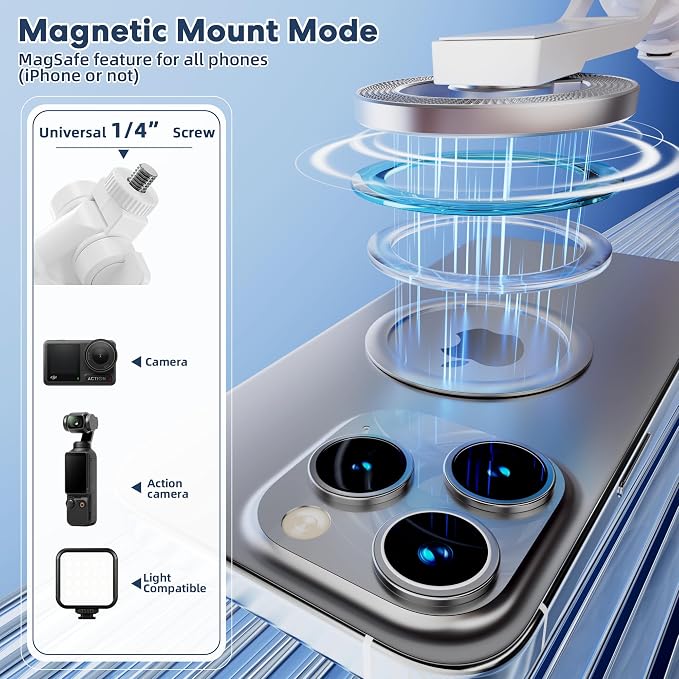 53''Magnetic Selfie Stick Tripod for iPhone Andiod with 1/4" Screw Mount | Cell Phone Tripod with Wireless Remote, 4-Leg Stable Base Tripod for IPhone 17 Pro Video Recording,TikTok Creator,Vlog,Travel - Image 3