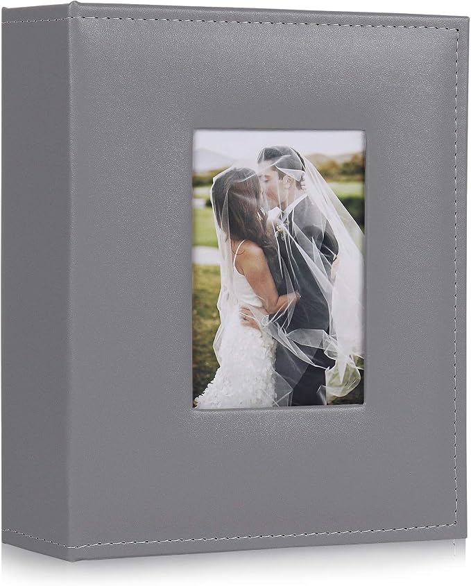 RECUTMS Photo Albums 4x6 Photos 200 Pocket Leather Album for Family Grey | Black Page, Horizontal Pockets, Family Anniversary Wedding Memo Book, DIY Cover Window, Small Photobook Kids, Slip-in Picture by RECUTMS