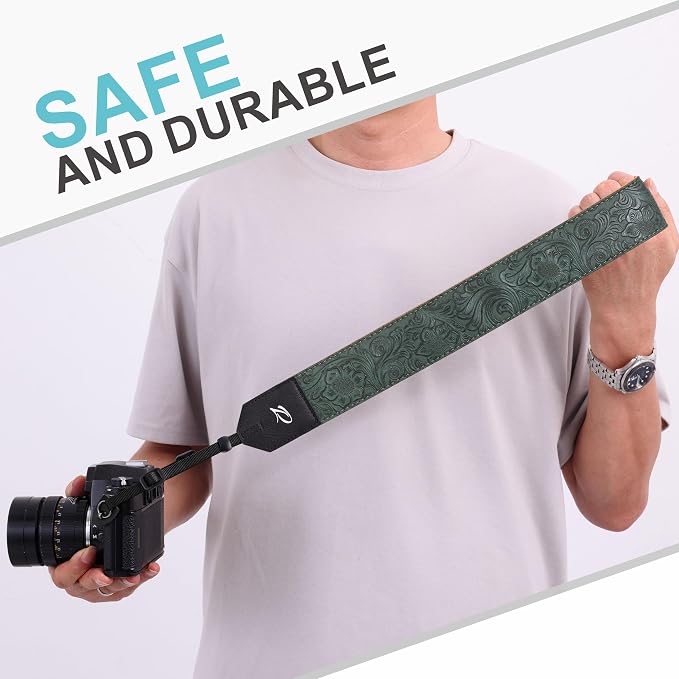 Padwa Lifestyle Camera Strap - 2" Green Faux Leather Carving Camera Straps with Full Grain Leather Ends for Photographers, Vintage Soft Suede Fabric Padded Strap Quick Release fits All Cameras - Image 5