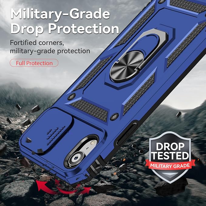 HNHYGETE for iPhone XR Phone Case with HD Screen Protector: [Military Grade 20ft. Drop Tested] Slide Camera Cover Ring Shockproof Protective Phone Case for - iPhone XR (Blue) - Image 2