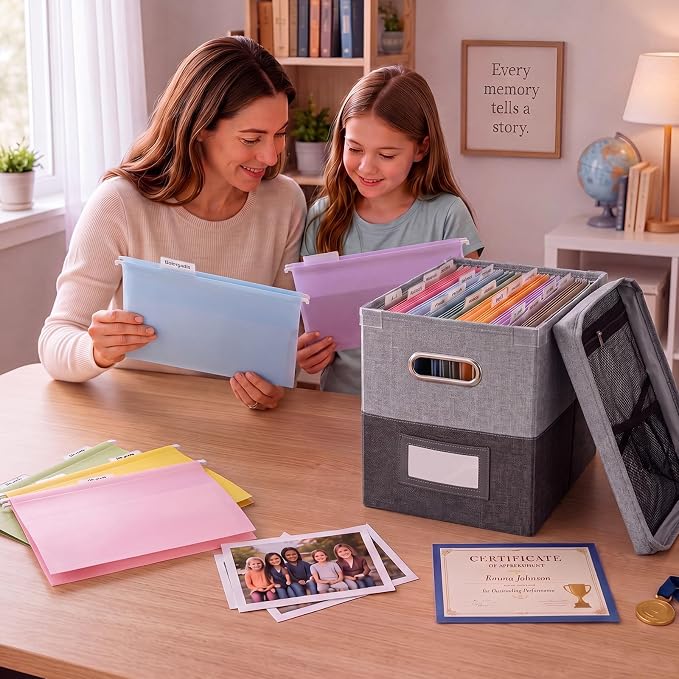 1 Set School Memory Box Organizer, School Keepsake Organizer K-12,Grey | with 15 Hanging File Folders, 4 Labels, 3 Sticker, Mesh-Pocket Lid, for Letter/A4, Report Cards, Photos, Awards, File Keeper - Image 6