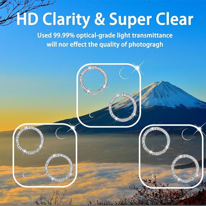 3 Pack Dengduoduo Tempered Glass Camera Lens Protector for iPhone 14 6.1" & iPhone 14 Plus 6.7", Glitter Bling Diamond, Ultra HD, 9H Hardness, Anti-Scratch, Case Friendly, Easy to Install [No Affect on Night Shots] - Image 3
