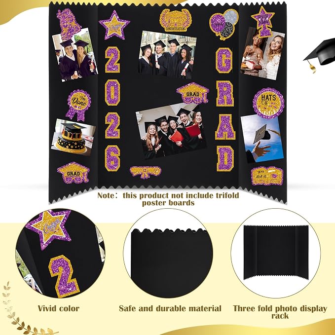 Glenmal 14 Sheets Graduation Photo Display Board Sticker Class of 2026 Purple Gold Picture Display Stickers Accessories for 2026 Grad Party College Board Photo Frame Decor (12x10inch, 8.3x8.3inch) - Image 3