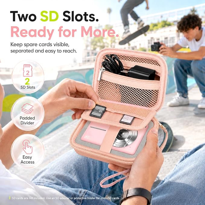 Comecase Camera Case for Kodak PIXPRO FZ55/FZ45/ for CAMKORY, Tiffany Pink | Hard EVA Shell, Padded Divider and 2 SD Card Slots Organize a Compact Camera, Charger and Cable for Travel. Case Only. - Image 4