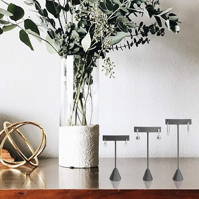 Ikee Design 6Pcs Set Earring Stand Display, 3 sizes, Ht. Faux grey Leather. | MULTI-HEIGHT EARRING DISPLAY: Steel Grey Leatherette with a stable metal base for various earring sizes; 2.5"W x 5.5"H. - Image 6