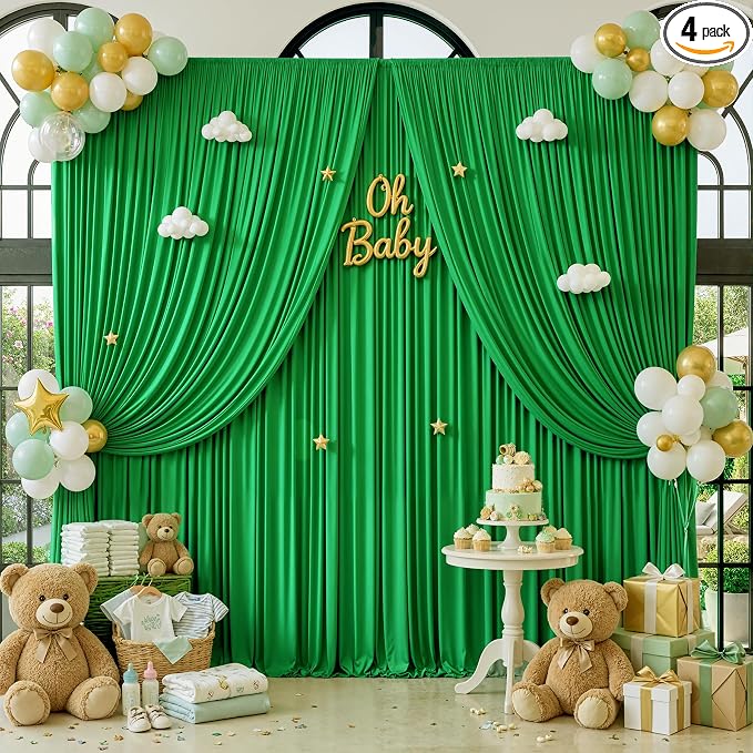 20x12 ft Green Backdrop Curtains for Weddings Parties, Birthdays and Photos | 4 Panels 5x12 ft, Wrinkle-Free Polyester Drapes, Washable, Ironable, 4 in Rod Pocket for Baby Showers Photography Background by PartyVillage