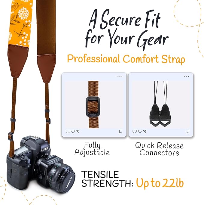 Art Tribute Camera Strap - Shoulder, Crossbody & Neck Camera Strap for Photographers, Fits All Cameras, Canon Nikon Sony Fujifilm, Padded Strap W/Quick Release, Embroidered Cotton & Leather Ends - Image 4