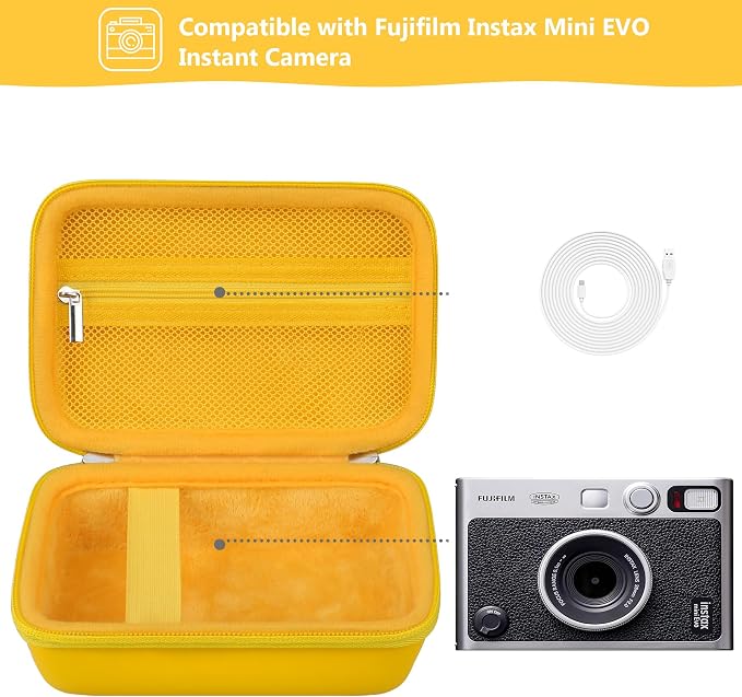 Carrying Case Compatible with Fujifilm Instax Mini EVO Instant Camera, INSTAX MINI EVO Camera Storage Holder Travel Bag with Mesh Pocket for Photos, USB Cables, Film, Yellow - Image 2