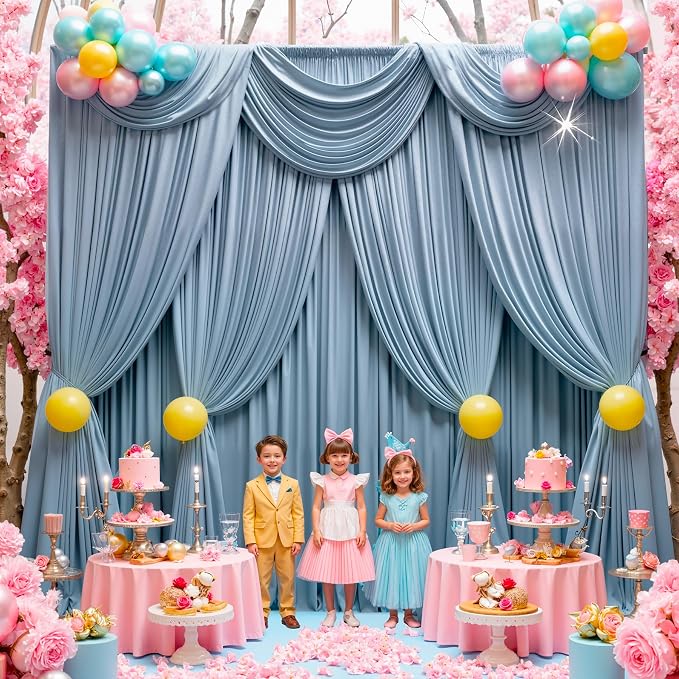 30 ft x 10 ft Wrinkle Free Dusty Blue Backdrop Curtain for Parties, 6 Panels 10ft Polyester Dusty Blue Photo Backdrop Drapes for Graduation Birthday Wedding Party Stage Curtains - Image 3