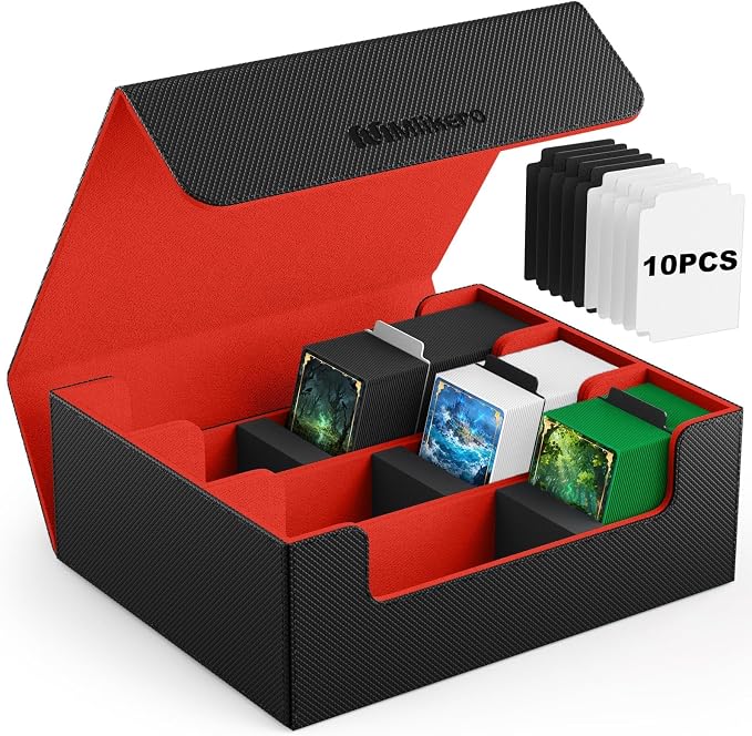 Mlikero Trading Card Storage Box, Bulk Card Storage for 1800+ Sleeved Cards, PU Leather Magnetic Closure Card Organizer with 10 Dividers & 3 Foam Stoppers, Fit for MTG, TCG and Sports Cards (Red) by Mlikero