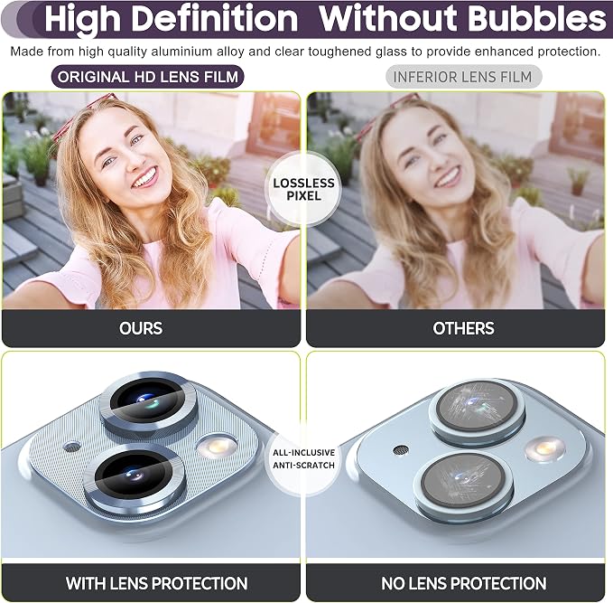 Suoman for iPhone 14 6.1 inch/iPhone 14 Plus 6.7 inch Camera Lens Protector, 9H Tempered Glass Film, [Does not Affect Night Shots] Metal Lens Protective Cover- Blue - Image 6